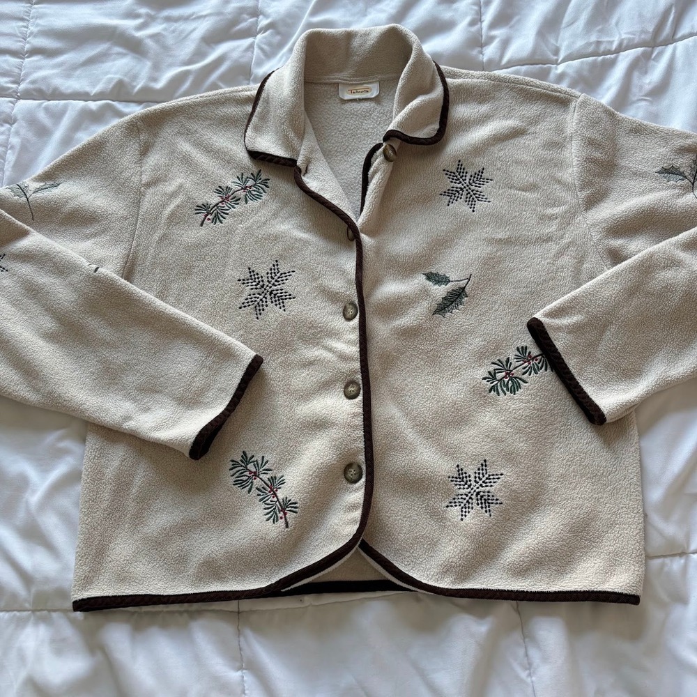 Vintage Talbots Fleece Cardigan Jacket Cream Embroidered Snowflake Holly XL - Picture 2 of 7